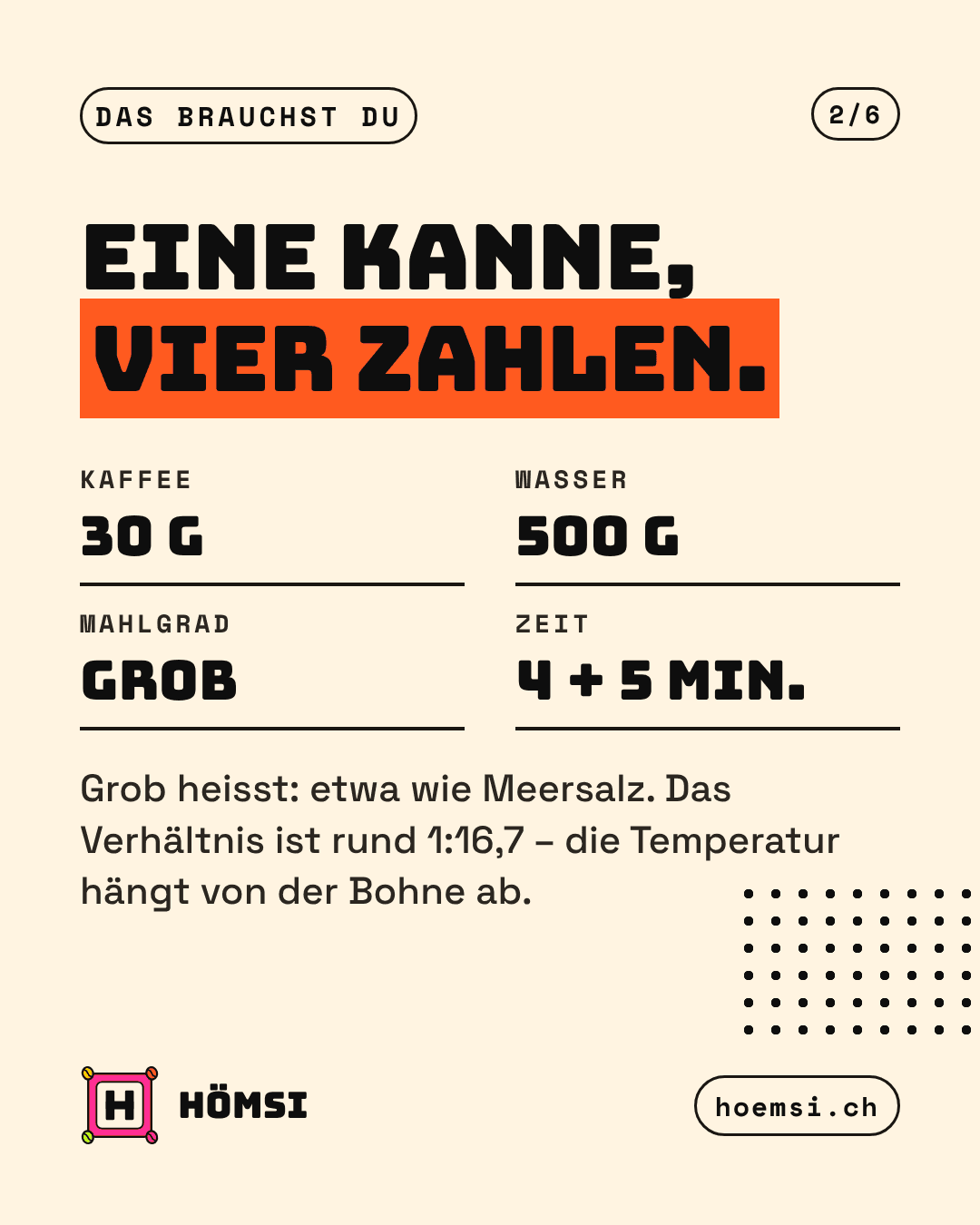 Eckdaten für die French Press: 30 g Kaffee, 500 g Wasser, grob gemahlen wie Meersalz, 4 + 5 Minuten, Verhältnis rund 1:16,7.